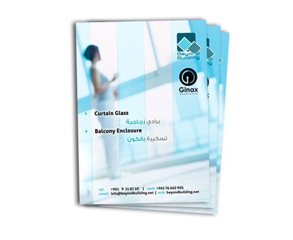 A brochure for a company called ginax shows a woman looking out a window