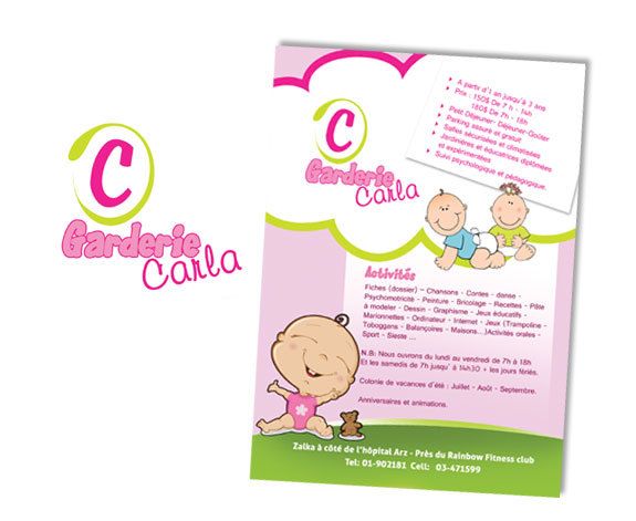 A pink and green flyer with a baby on it