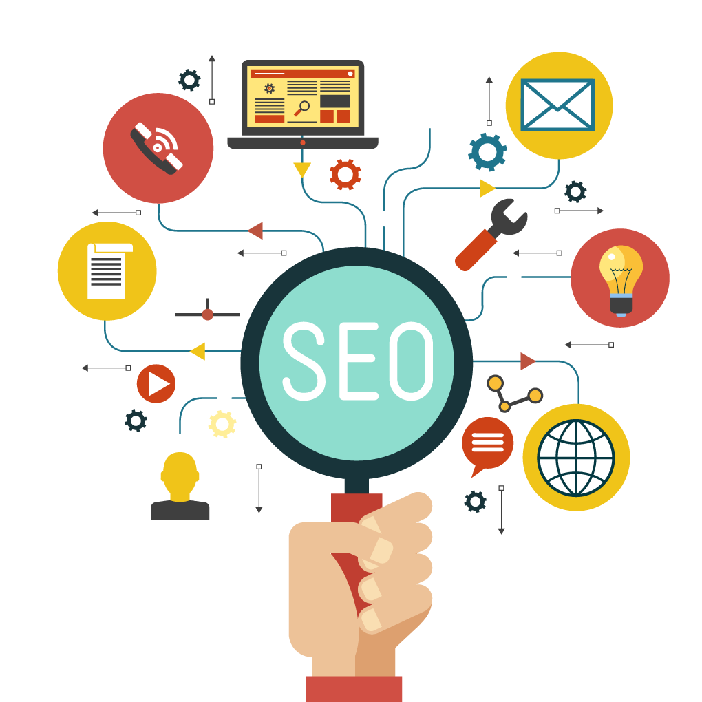 A hand is holding a magnifying glass with the word seo on it.