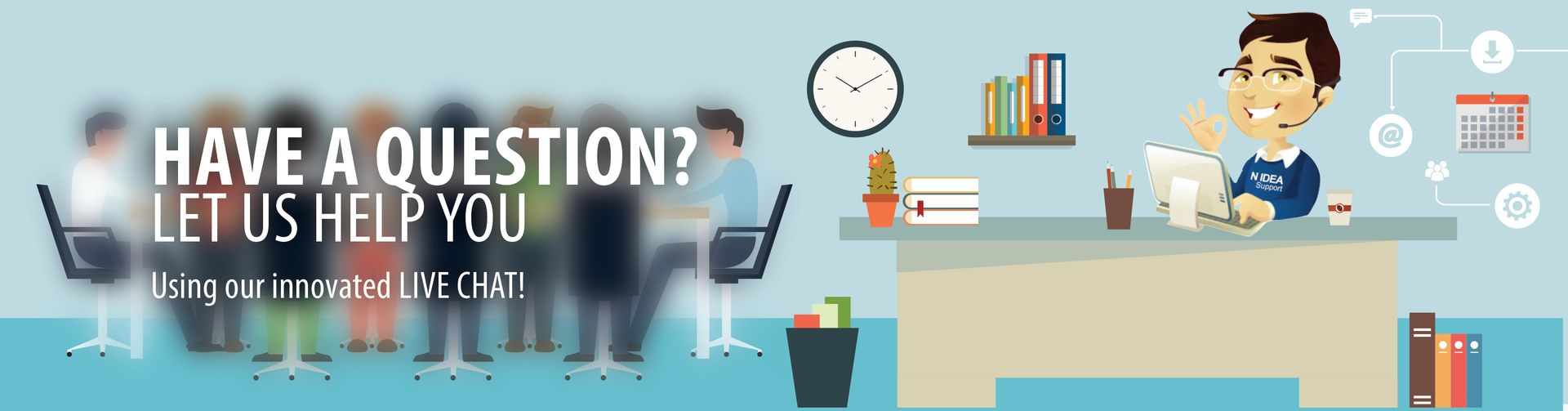A pixel art illustration of a man sitting at a desk asking if he has a question