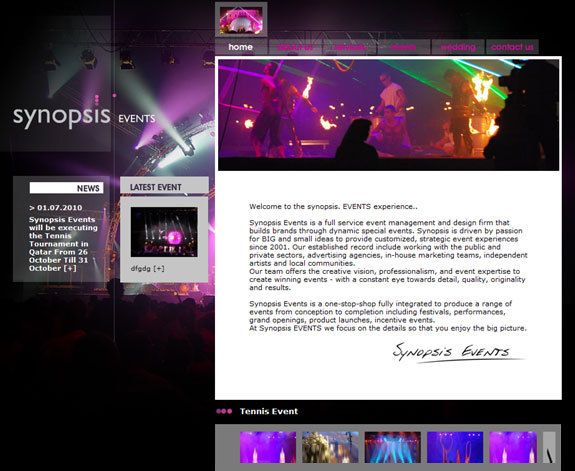 A web page for a company called synopsis events