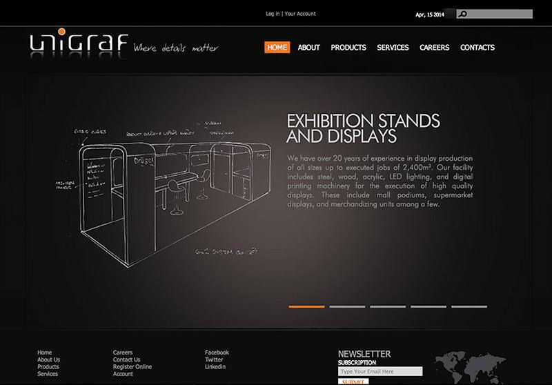 A website for exhibition stands and displays with a black background