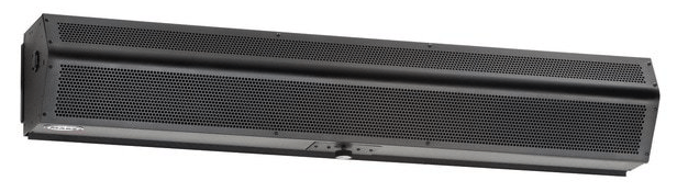 A black speaker is sitting on a white surface.