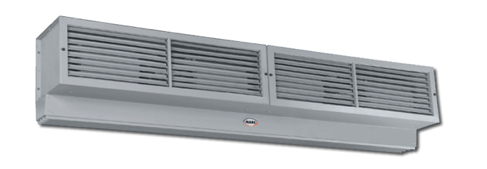 A gray air curtain is hanging from the ceiling on a white background.