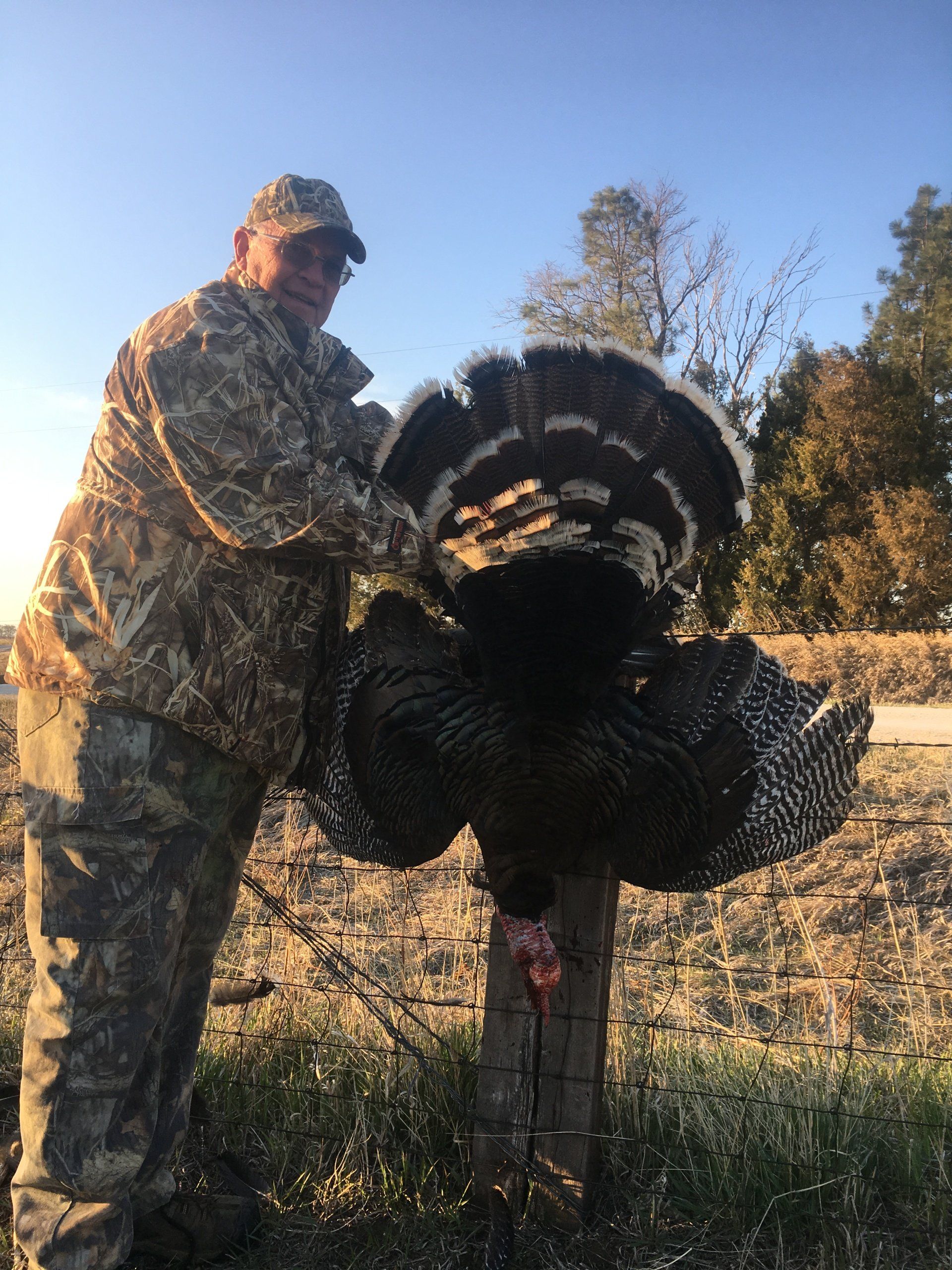 Man in camo holding a wild turkey with its tail feathers fanned out, outdoors in a field.
