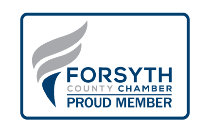 Forsyth County Chamber proud member logo with blue border and gray-blue emblem