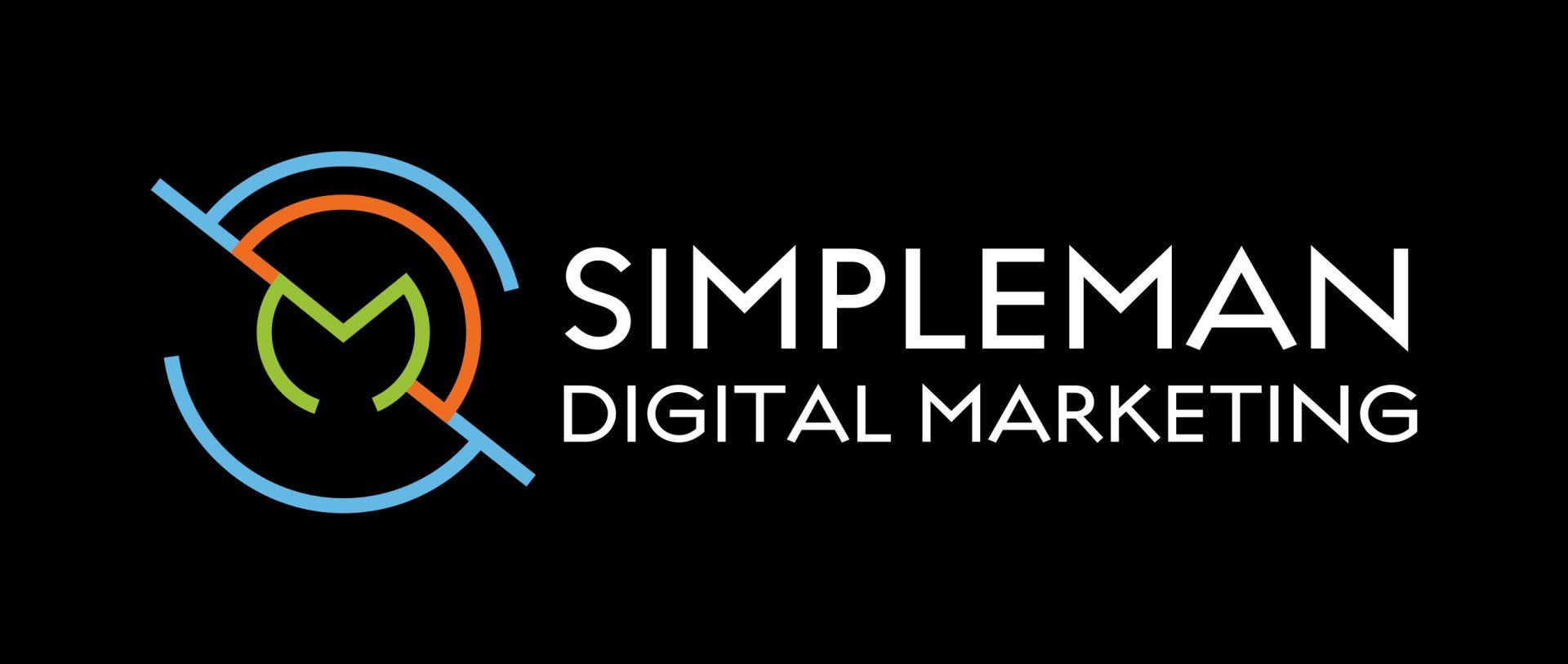 Simpleman Digital Marketing logo with multicolored circular arrows and white text on black background