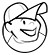 A black and white drawing of a person wearing a hat and smiling.