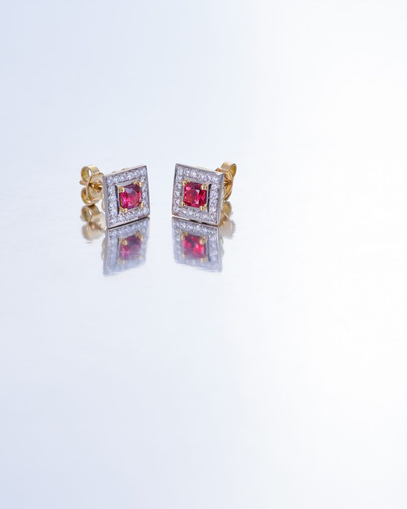 Square diamond ring with red stone