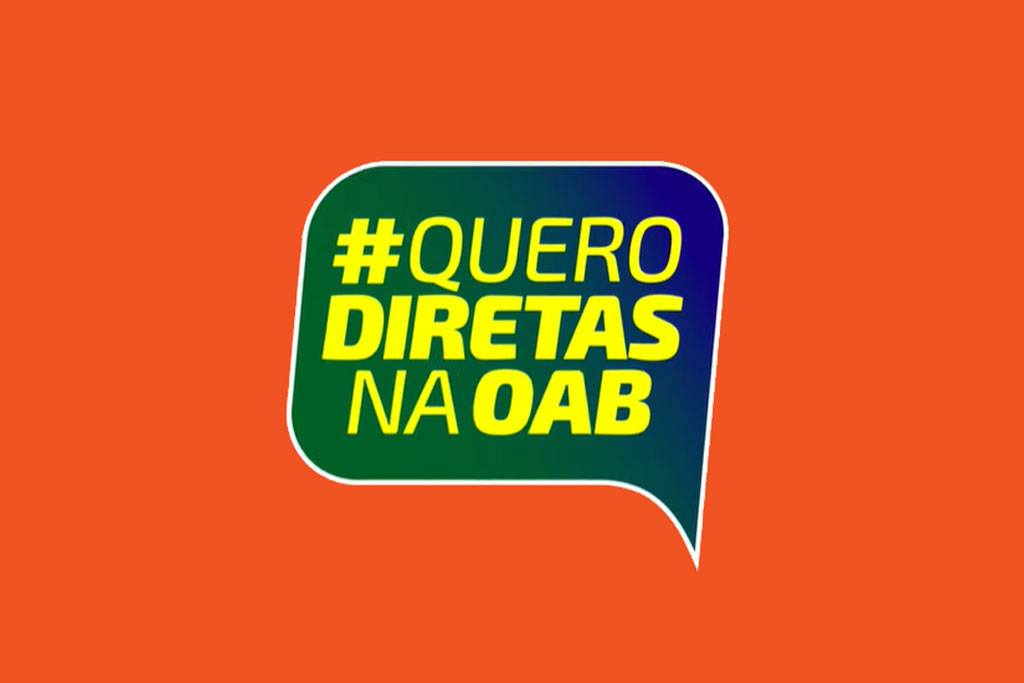 Um balão verde e azul com as palavras ``quero diretas na oab'' sobre fundo laranja.
