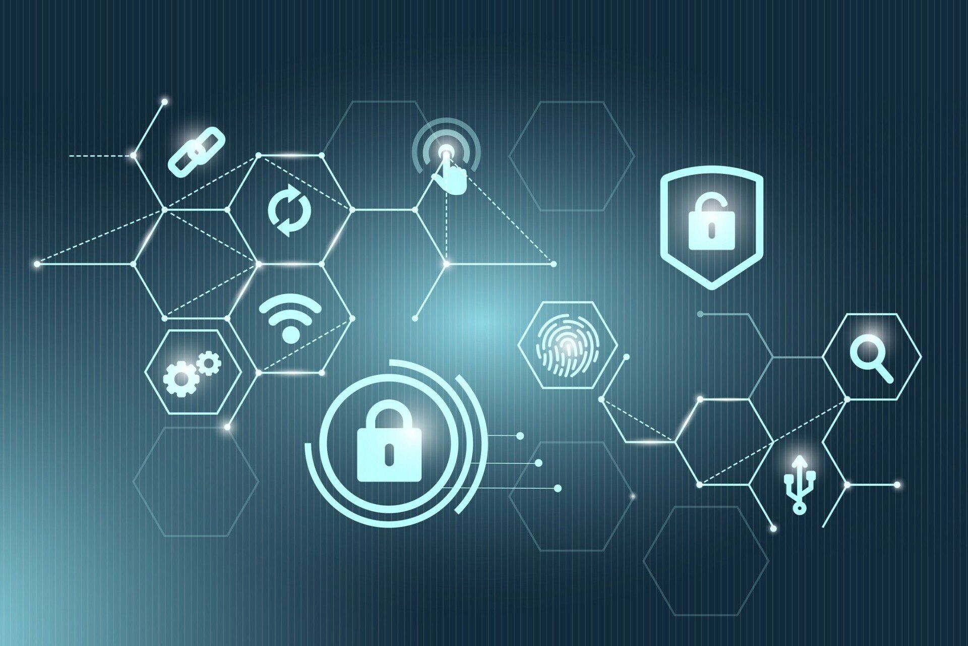 Uma tela de computador com cadeado, impressão digital, wi-fi e outros ícones.