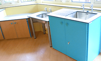 blue storage unit with sink