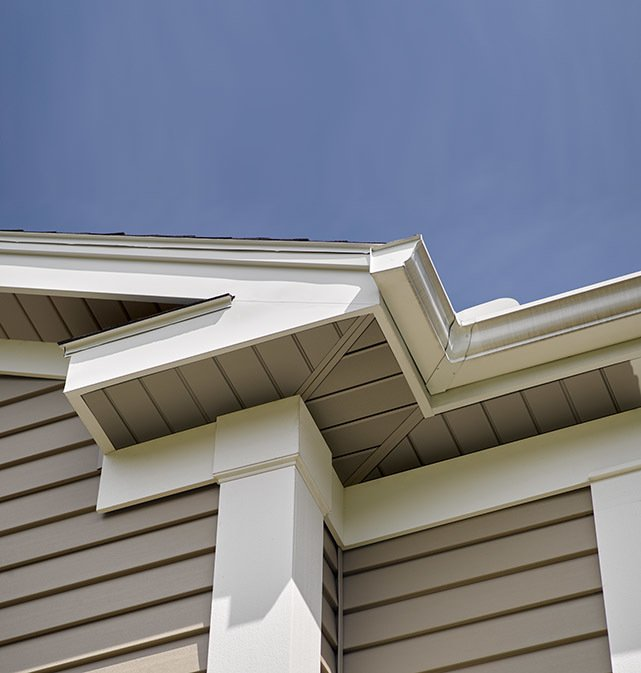 Vinyl Siding, White Trim Wrap, White Soffit, White Gutters, Blue Sky Vinyl Siding, White Trim Wrap, White Soffit, White Gutters, Blue Sky