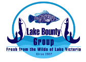 Logo for Lake Bounty Group featuring a fish graphic, stylized fish border, and the text 