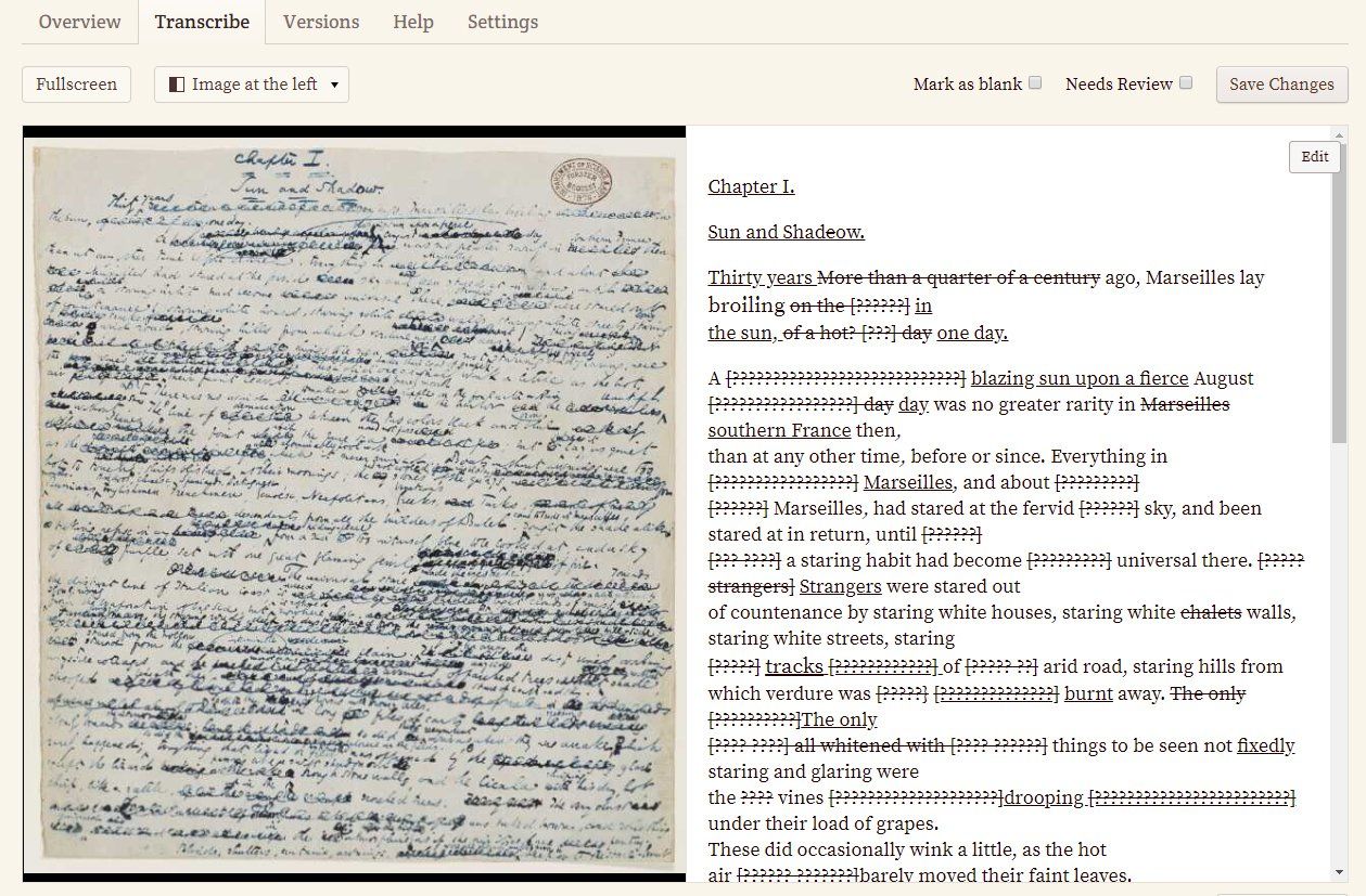Using FromThePage software to transcribe the manuscript of Little Dorrit , Deciphering Dickens project, V&A