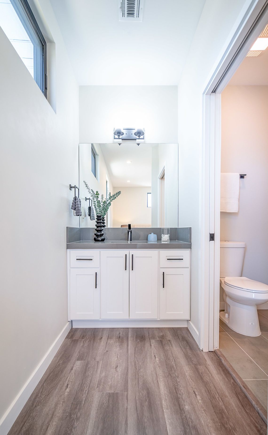The private, ensuite, full bathroom in the master bedroom of an accessory dwelling unit (ADU).