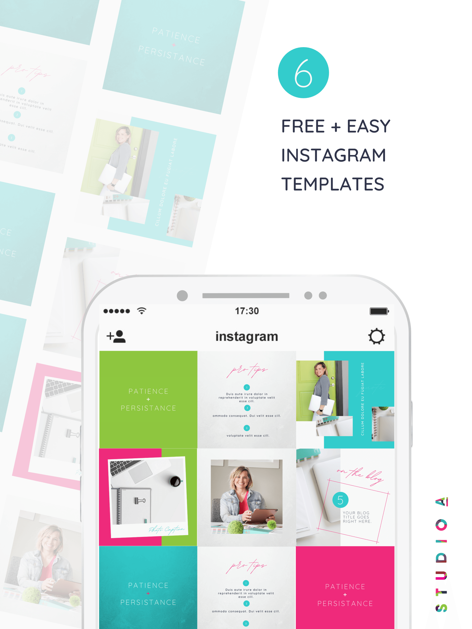 A cell phone displaying a grid of instagram templates