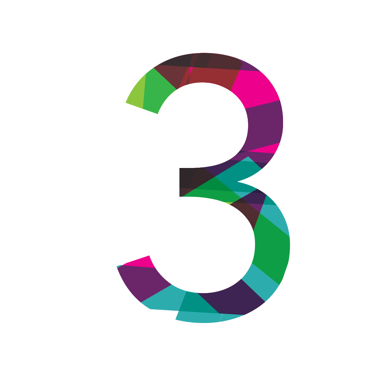 A colorful number three on a white background