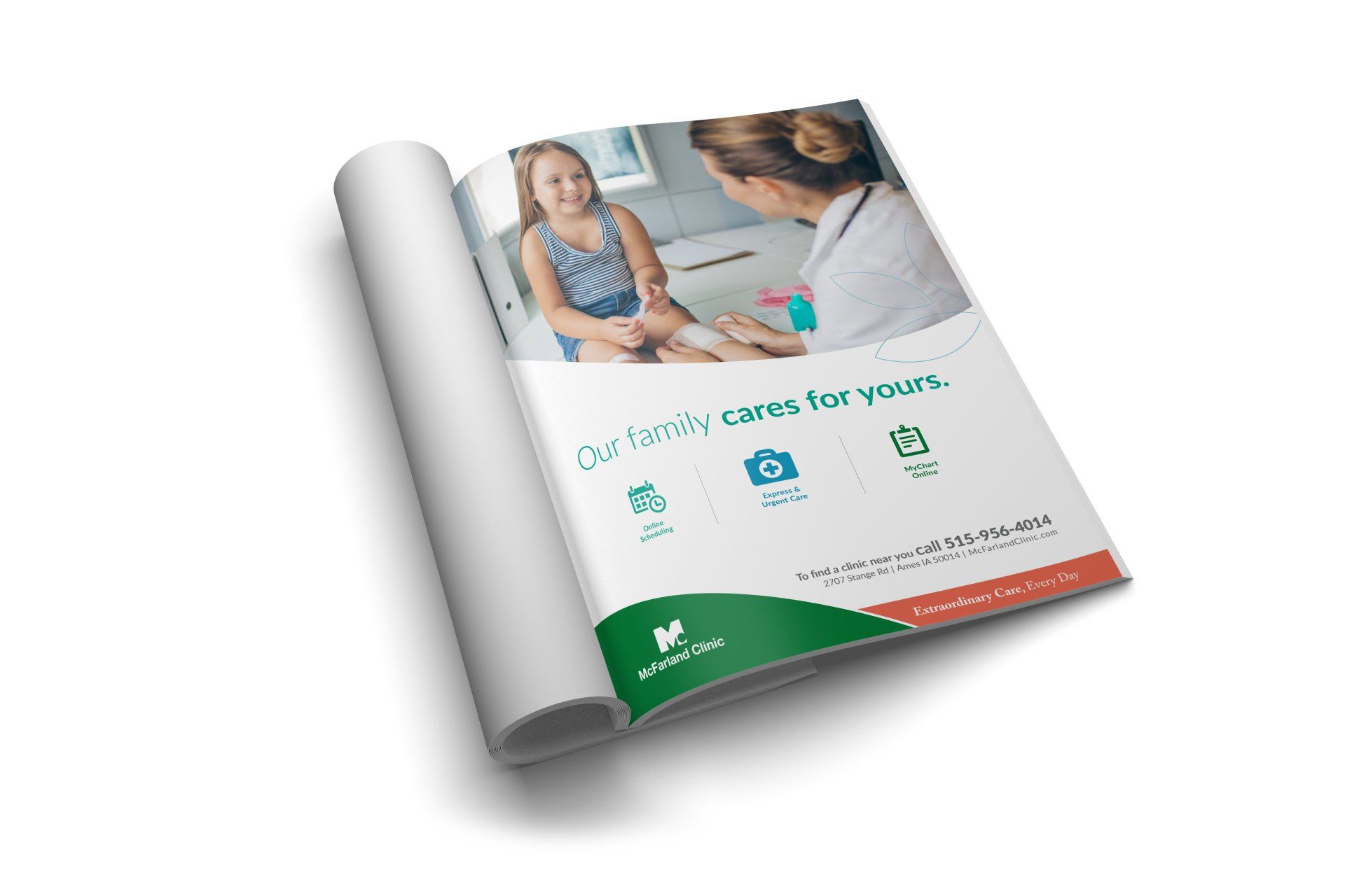 A magazine is open to a page with a doctor talking to a little girl.