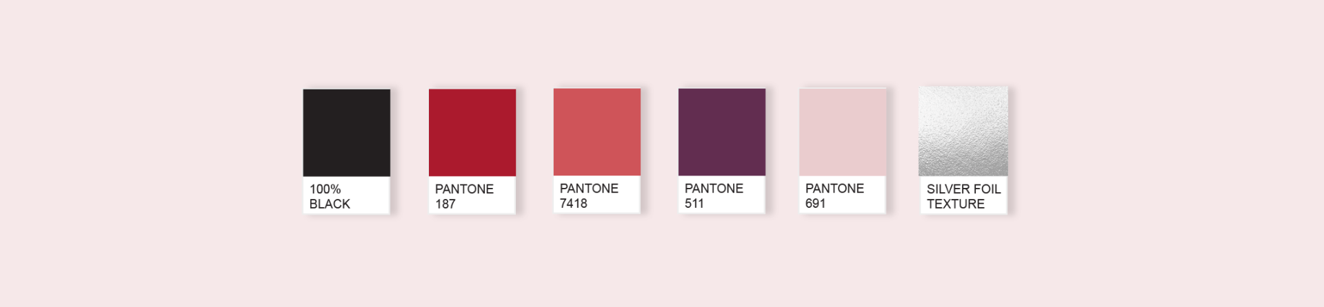 A palette of different colors on a pink background.