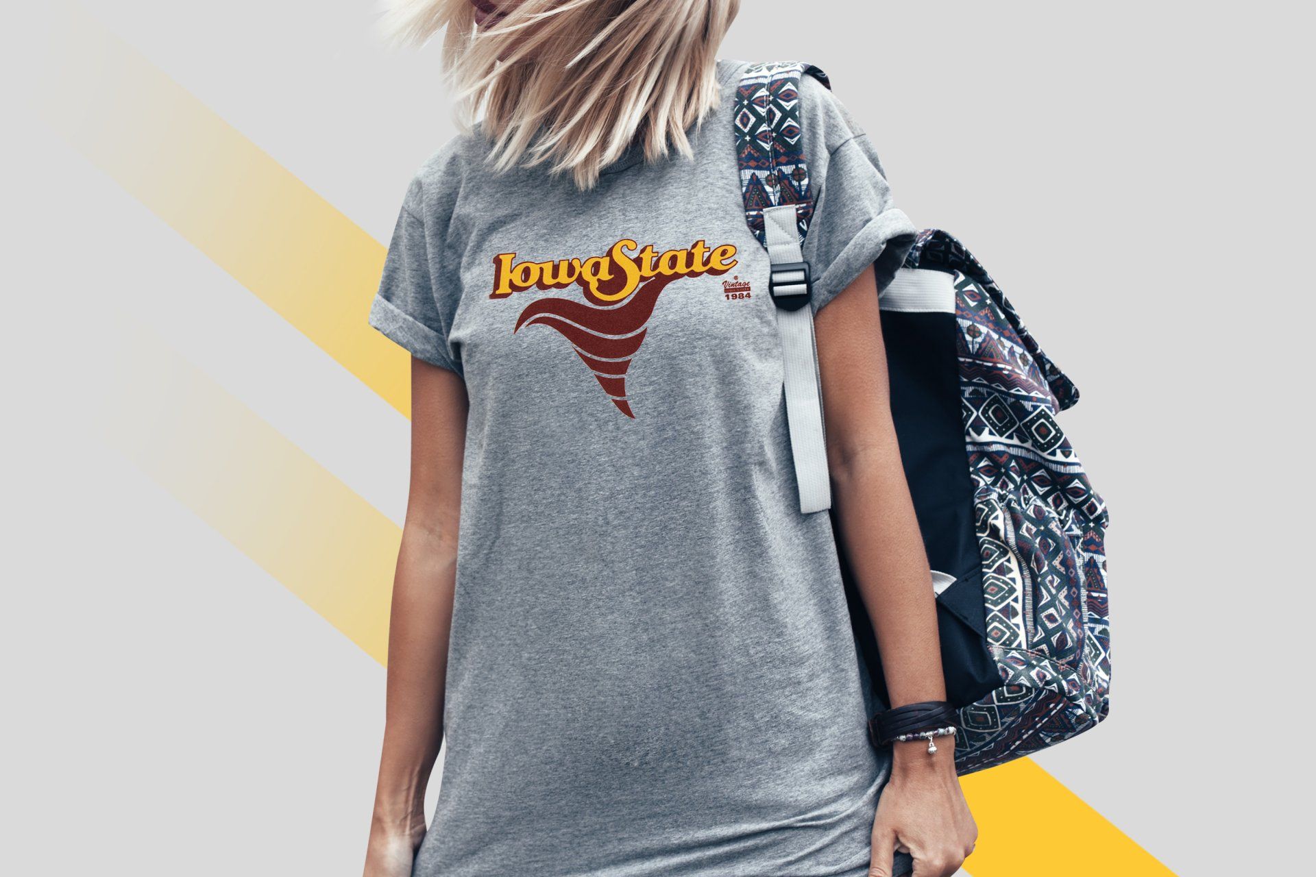 A woman wearing a grey t-shirt that says angry birds on it