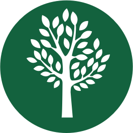 White tree silhouette on a green circular background.