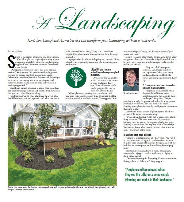 A landscaping article featuring a house with a newly landscaped yard, a photo of a landscaper, and text.