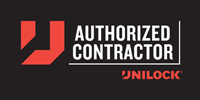 Logo for Unilock Authorized Contractor. Black background with red 