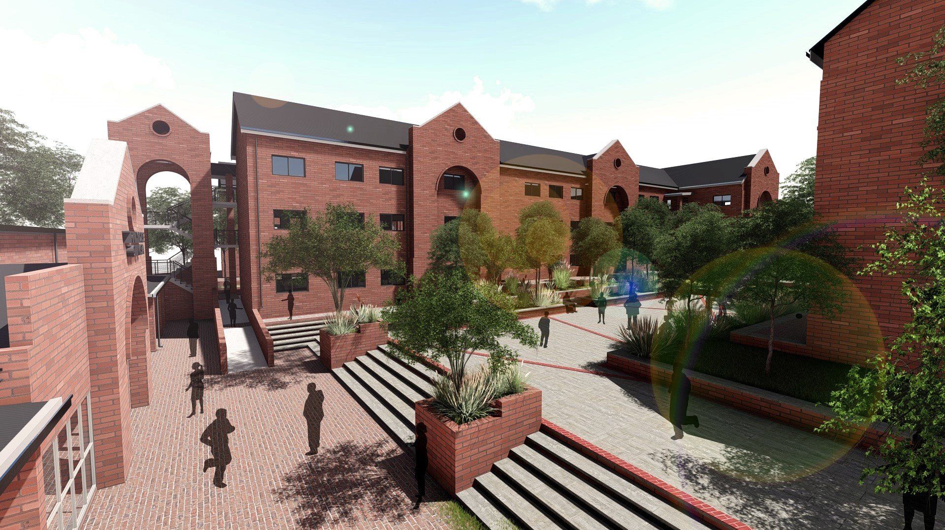 An artist 's impression of a brick building with stairs leading up to it.