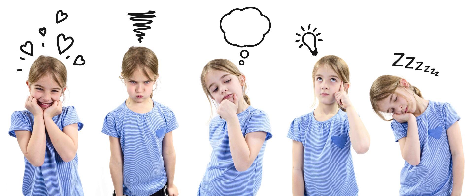 A little girl is standing in a row with different facial expressions.