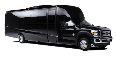 A black shuttle bus is parked on a white background.