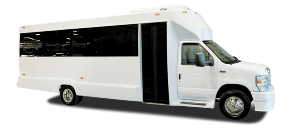 A white bus with black windows is parked on a white background.