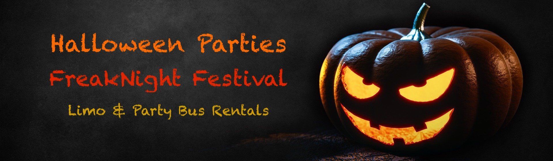 Halloween Limousine Rentals & Party Buses A halloween pumpkin with a face carved into it