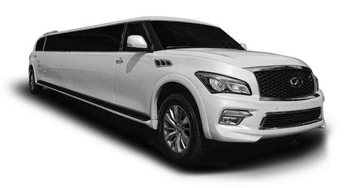 A white limousine is parked on a white background.