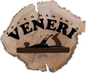 Logo per Falegnameria Veneri con il nome del marchio in testo nero su un'illustrazione stilizzata di una sezione trasversale di venature del legno.
