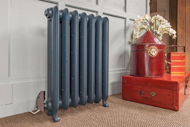 Farrow & Ball Hague Blue with anthracite element Gladstone cast iron electric radiator in Farrow & Ball Hague Blue with anthracite element