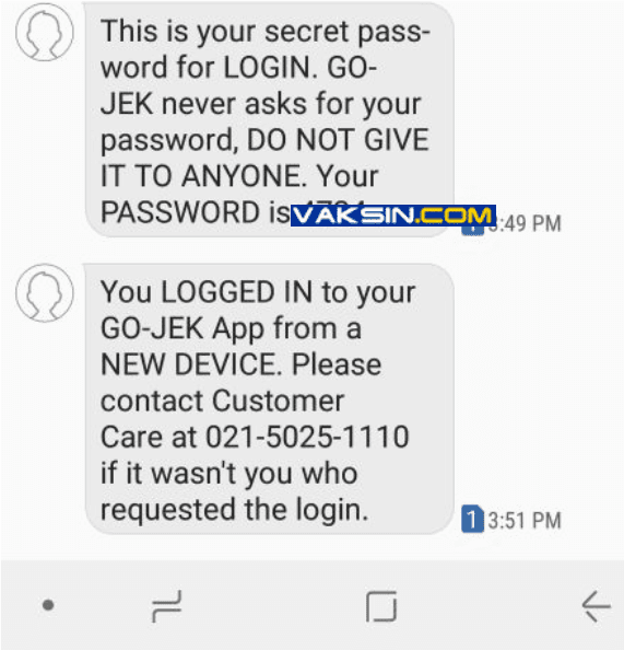 Server Gojek secara otomatis akan mengirimkan Password melalui SMS ke ponsel korban setiap kali ponsel penipu melakukan percobaan login dengan nomor telepon ponsel korban