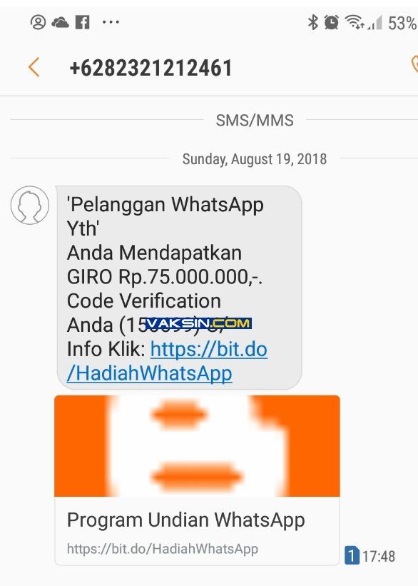 SMS penipuan hadiah giro dari Whatsapp