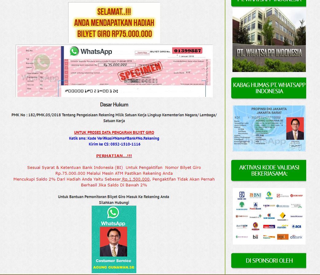 Layar penipuan hadiah dari Whatsapp
