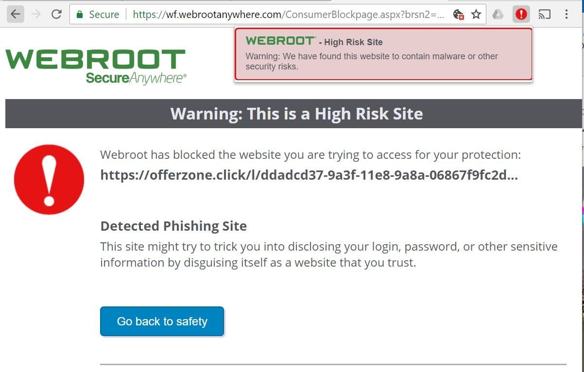 Peringatan atas ancaman resiko sekuriti dan malware oleh situs yang ditampilkan oleh offerzone