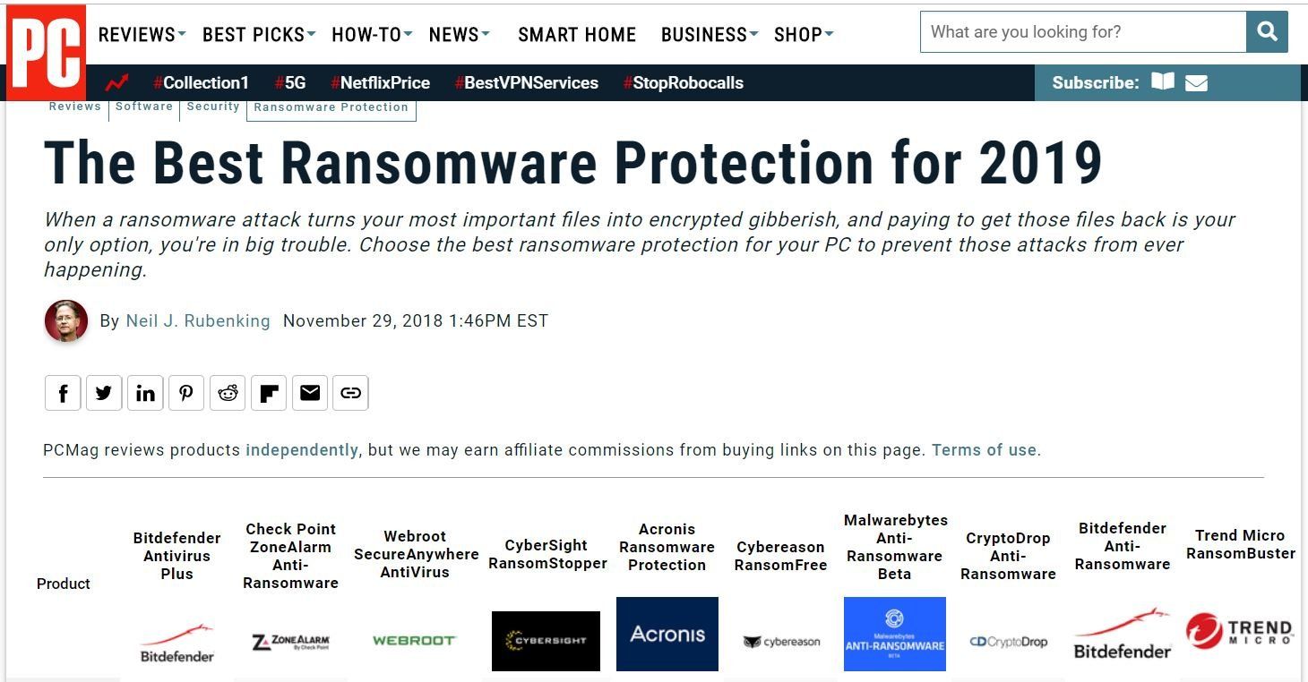 Antivirus yang memiliki proteksi tambahan terhadap ransomware menurut pengetesan PC Magazine