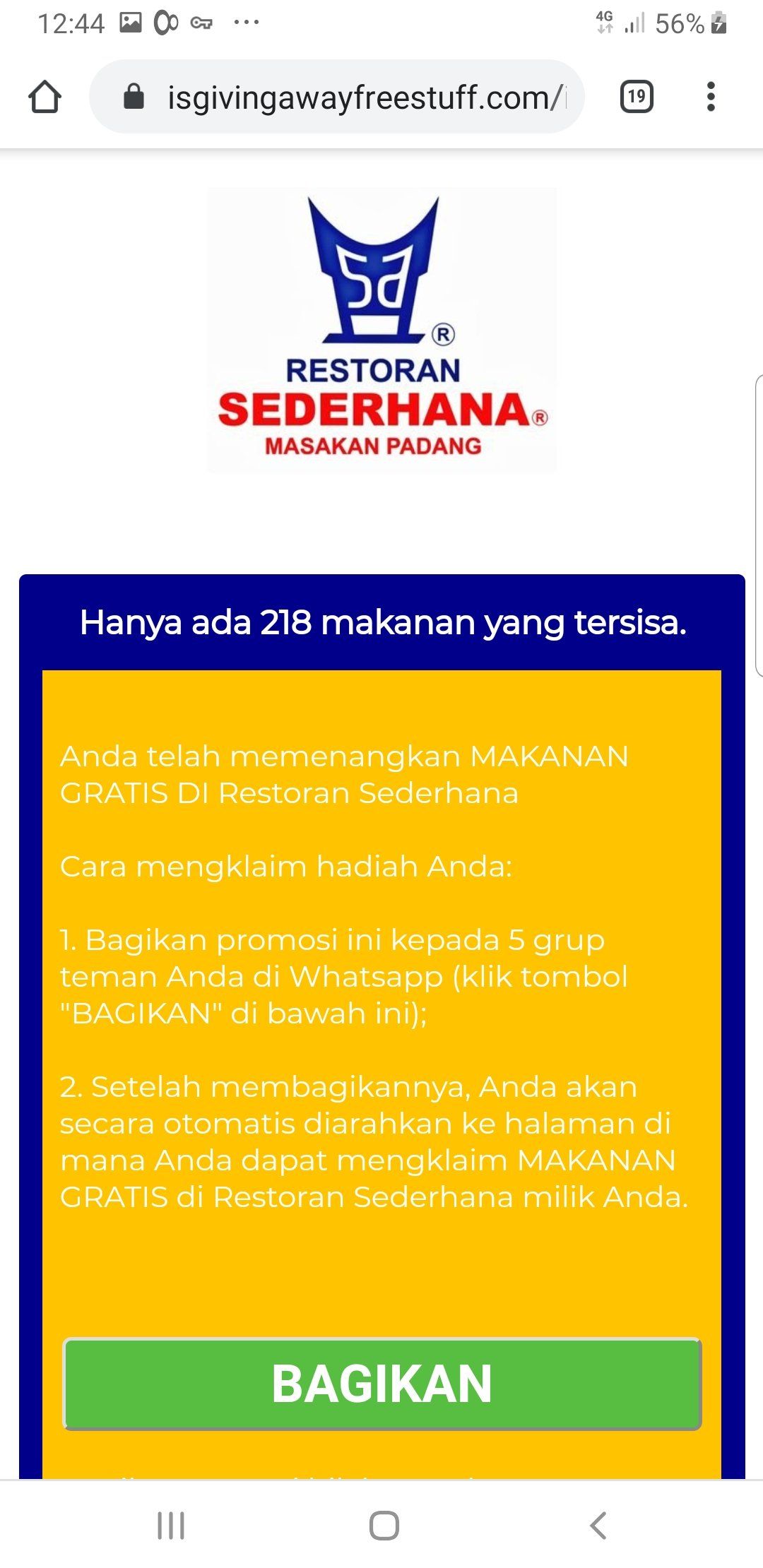 Syarat (dibohongi) dapat makan gratis adalah broadcast scam ke 5 group teman di Whatsapp