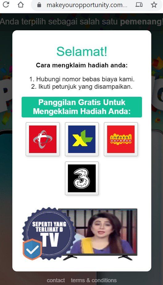 Salah satu tampilan iklan /scam dari provider atau afiliasi pengiklan setelah melakukan broadcast scam Restoran Sederhana