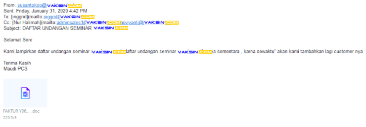 Email Emotet mengirimkan lampiran Word Macro
