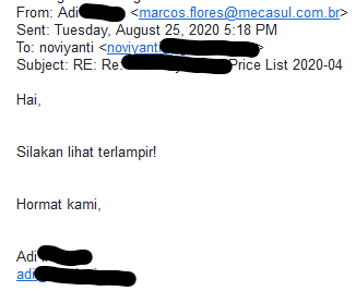 Emotet memalsukan sender dan mengirimkan ke kontak email komputer yang diinfeksinya