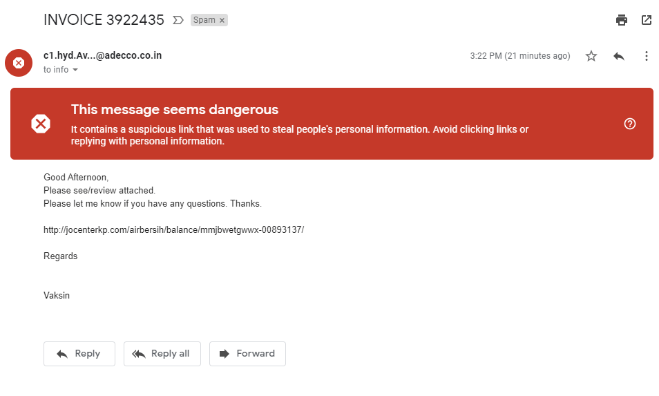 Email master Emotet yang jika di klik akan menginfeksi komputer korban dan mengirimkan spam.