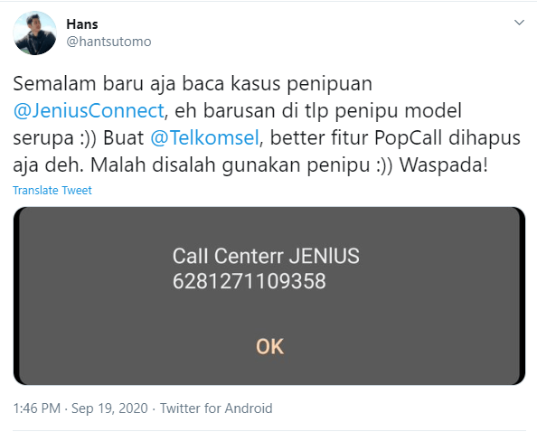 Gambar 2, Fitur Pop Call yang digunakan untuk memalsukan Caller ID, diambil dari Twitter @hantsutomo