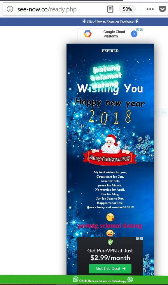 Situs ucapan selamat yang mengandung iklan.