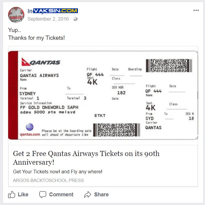 Scam Free Qantas Ticket di Facebook tahun 2016