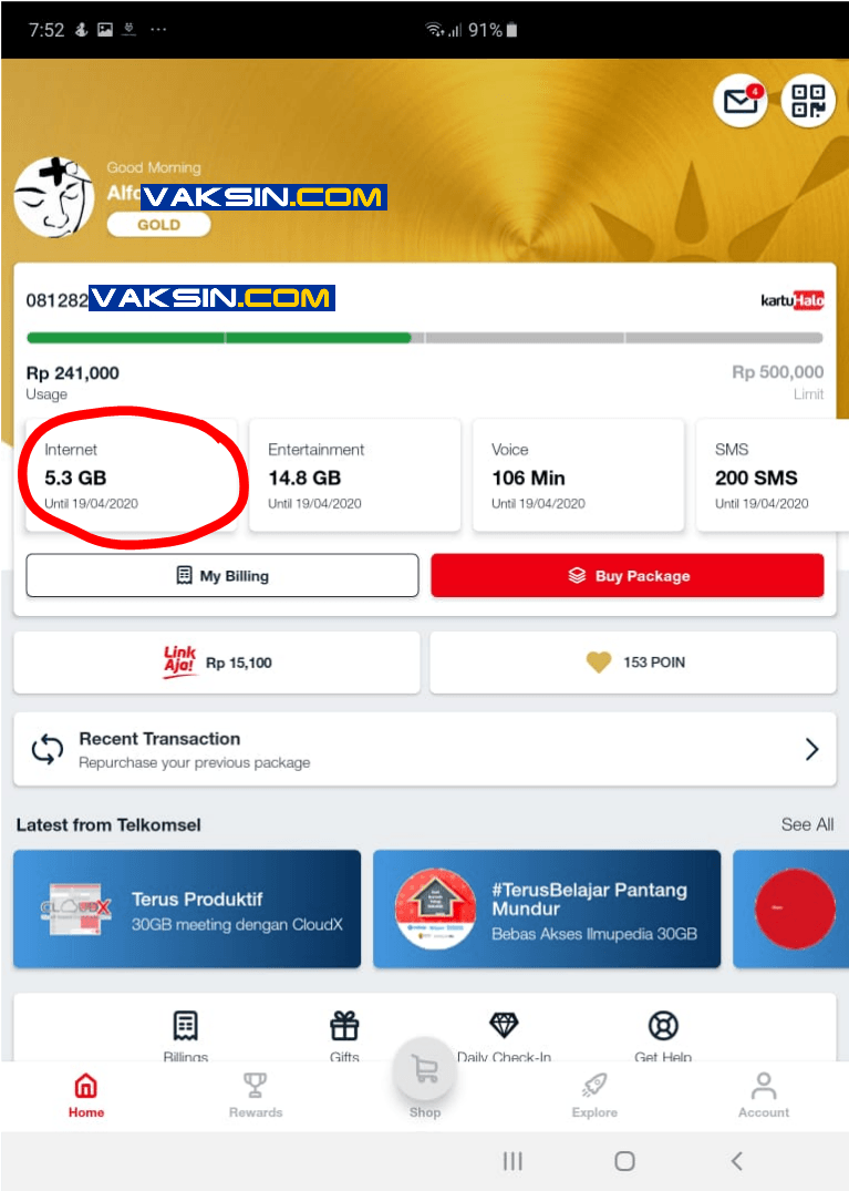 Tampak muka Paket internet Telkomsel sebelum pembelian kuota Cloud X Rp. 10,- 30 GB.